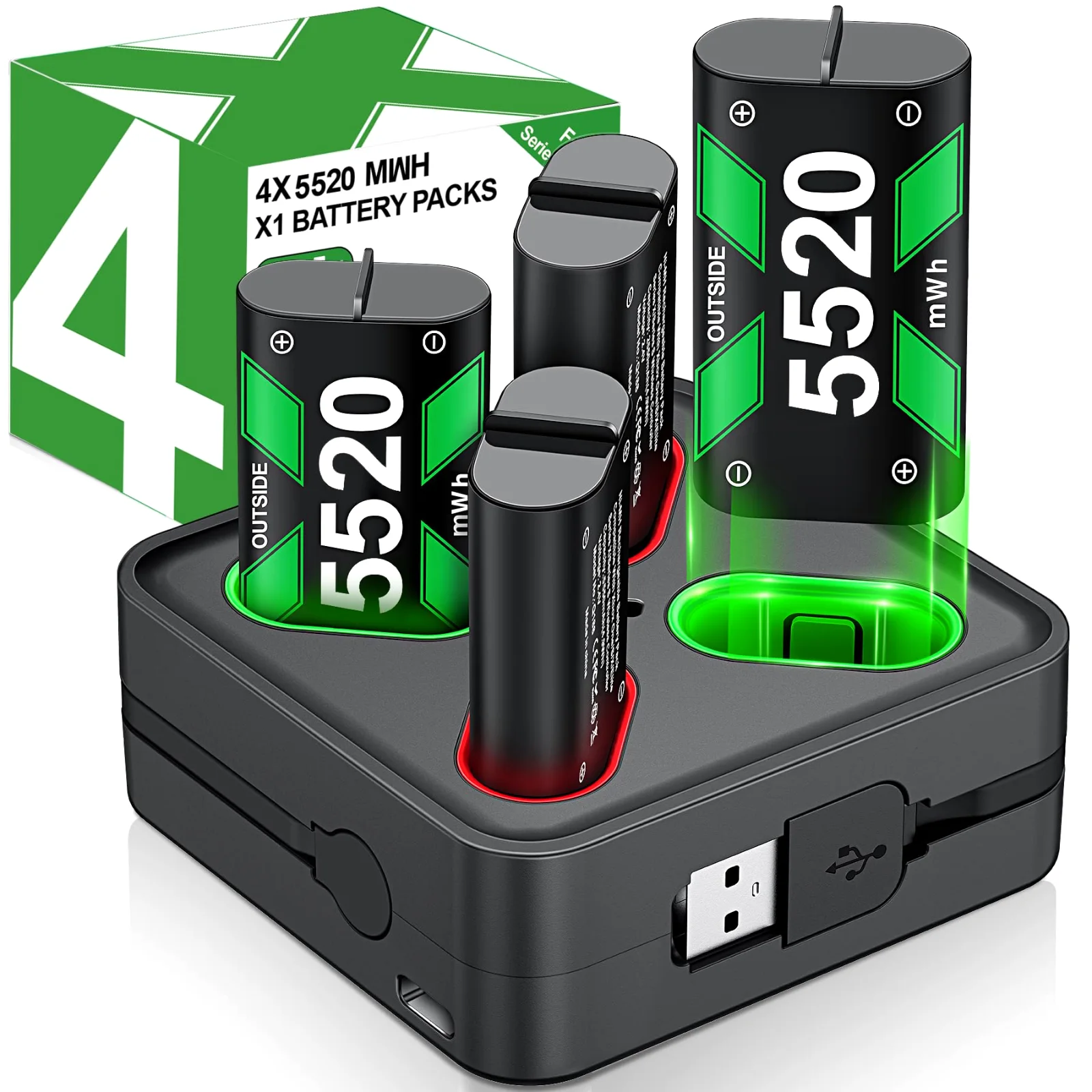 Quad Charger with Built-In Cable, 4 × 2550 mAh, 4 packs, 2550 mAh