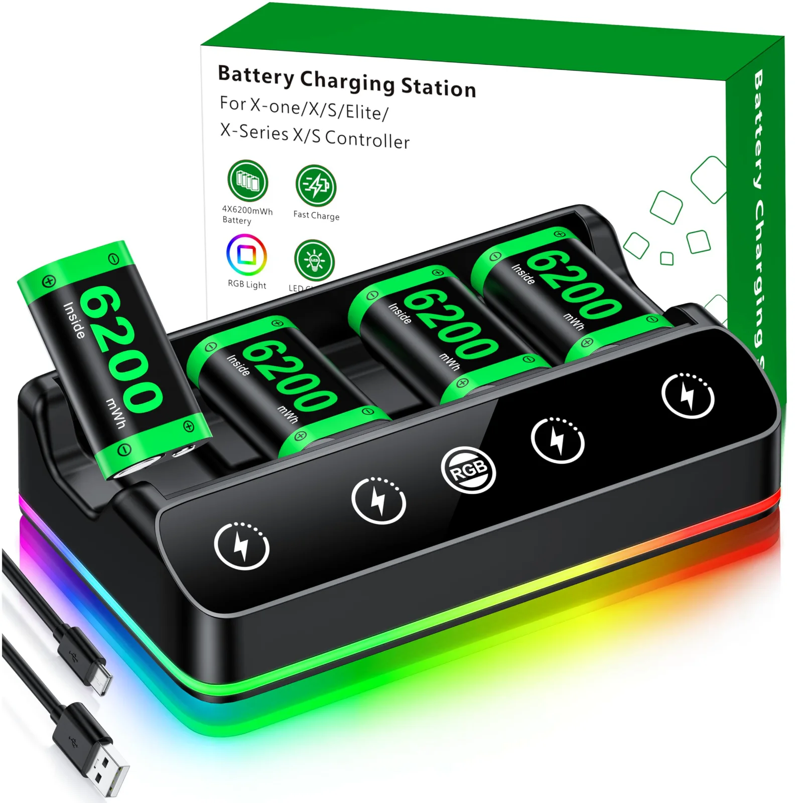 RGB Charging Station, 6200 mWh, 4 packs, black