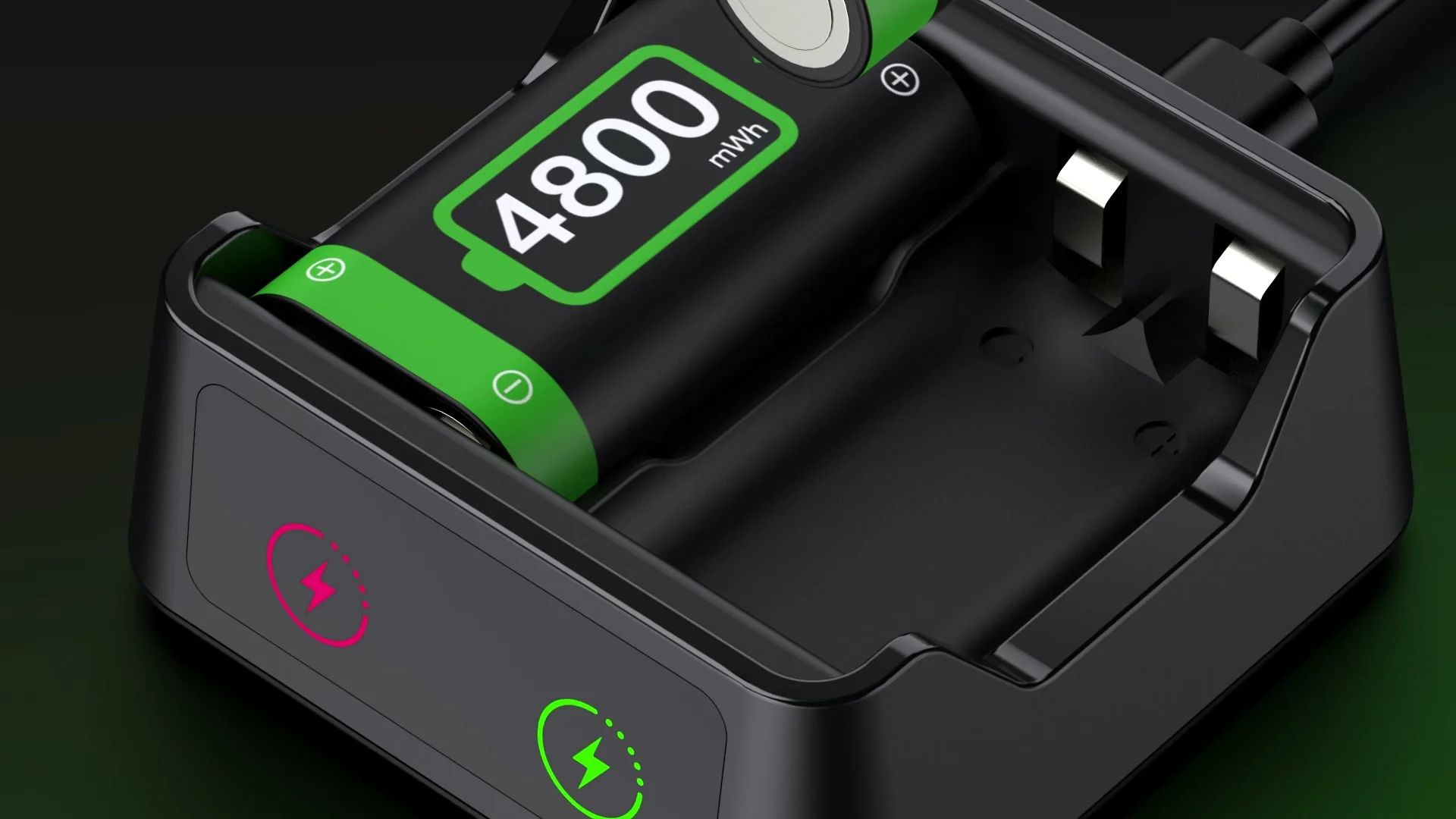 A two-slot charging dock holding two 4800 mWh battery packs, one slot lit red and one lit green
