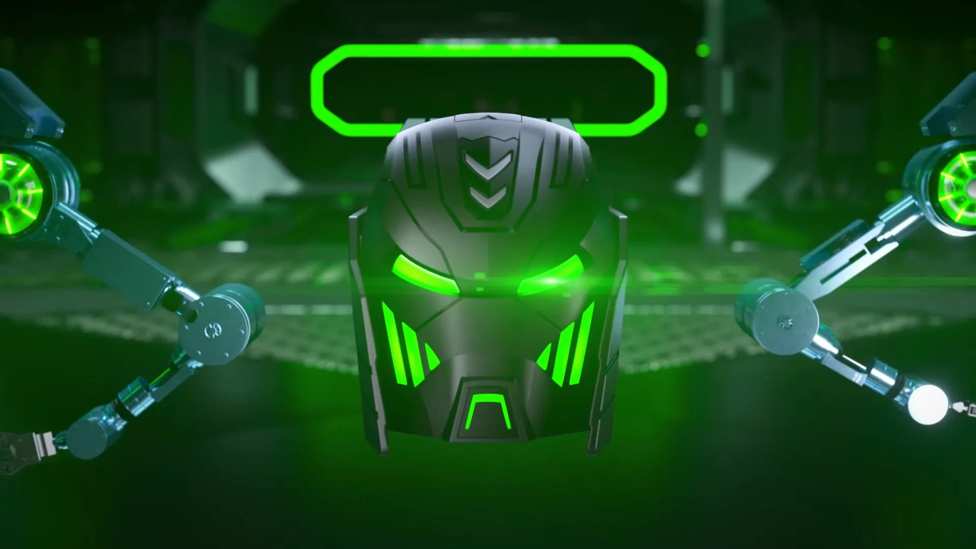 A rendering of the A100 charging station with its helmet-shaped front glowing green